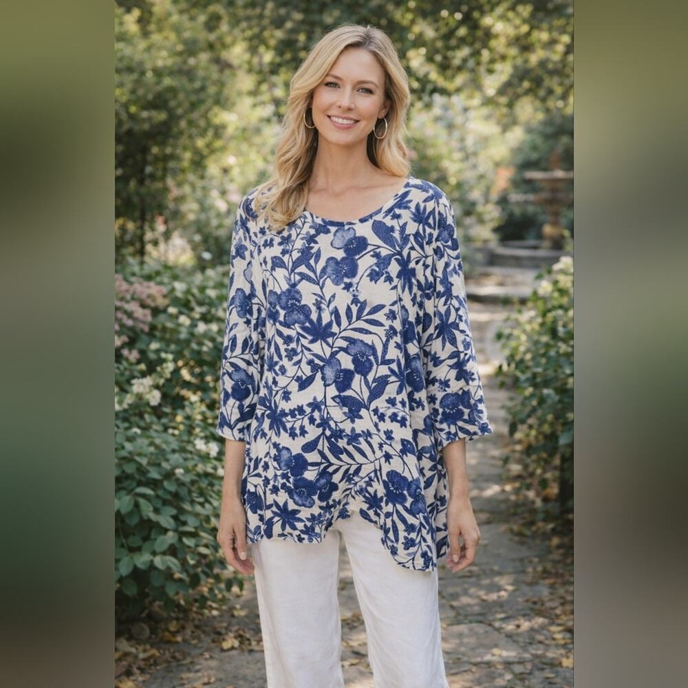 Flax 100% Linen  Blue Floral Women's Loose Fit  Blouse Sz S #1113